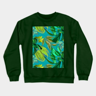 Blooming tropical flowers and leaves pattern floral illustration, green turquoise tropical pattern over a Crewneck Sweatshirt